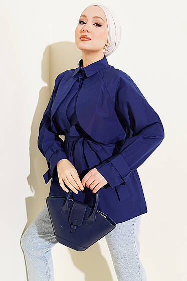 Göğüs Parçalı Kuşaklı Poplin Gömlek Lacivert - Gömlek