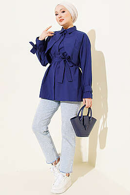 Göğüs Parçalı Kuşaklı Poplin Gömlek Lacivert - Gömlek