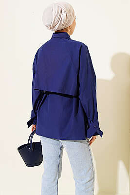 Göğüs Parçalı Kuşaklı Poplin Gömlek Lacivert - Gömlek