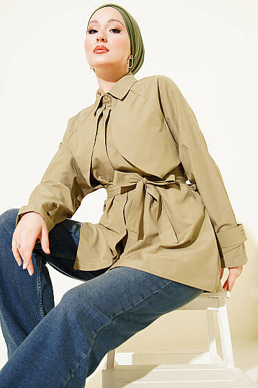 Göğüs Parçalı Kuşaklı Poplin Gömlek Nefti - Gömlek