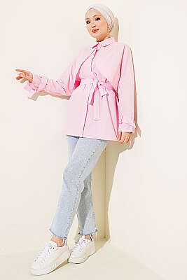 Göğüs Parçalı Kuşaklı Poplin Gömlek Pembe - 700-1000 TL Ürünler