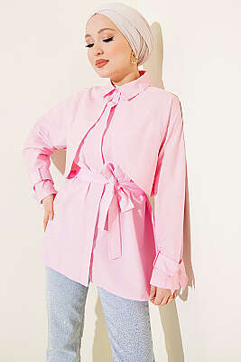 Göğüs Parçalı Kuşaklı Poplin Gömlek Pembe - VAV TEKSTİL