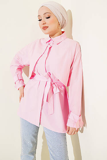 Göğüs Parçalı Kuşaklı Poplin Gömlek Pembe - Gömlek