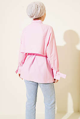 Göğüs Parçalı Kuşaklı Poplin Gömlek Pembe - Gömlek