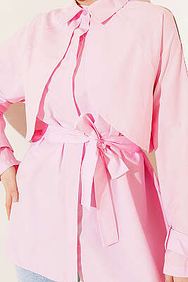 Göğüs Parçalı Kuşaklı Poplin Gömlek Pembe - Gömlek