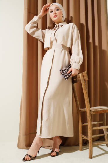 Göğüs Parçalı Kuşaklı Tencel Elbise Bej - Elbise