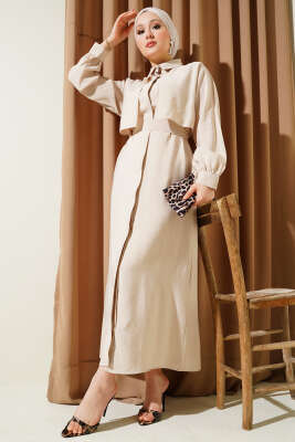 Göğüs Parçalı Kuşaklı Tencel Elbise Bej 