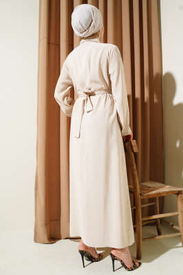 Göğüs Parçalı Kuşaklı Tencel Elbise Bej - Tesettür Elbise