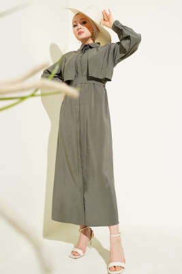 Göğüs Parçalı Kuşaklı Tencel Elbise Çağla Yeşili - Tesettür Elbise