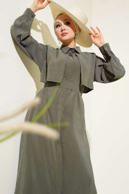 Göğüs Parçalı Kuşaklı Tencel Elbise Çağla Yeşili - Tesettür Elbise