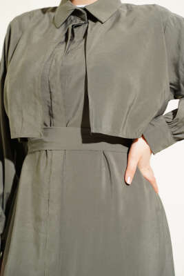 Göğüs Parçalı Kuşaklı Tencel Elbise Çağla Yeşili - Tesettür Elbise