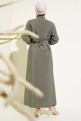 Göğüs Parçalı Kuşaklı Tencel Elbise Çağla Yeşili - Tesettür Elbise