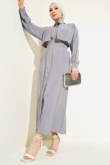 Göğüs Parçalı Kuşaklı Tencel Elbise Gri - Elbise
