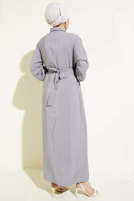 Göğüs Parçalı Kuşaklı Tencel Elbise Gri - Tesettür Elbise