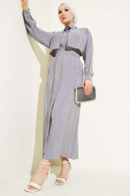 Göğüs Parçalı Kuşaklı Tencel Elbise Gri 