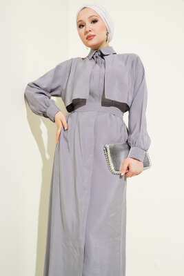 Göğüs Parçalı Kuşaklı Tencel Elbise Gri - Tesettür Elbise