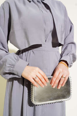 Göğüs Parçalı Kuşaklı Tencel Elbise Gri - Tesettür Elbise