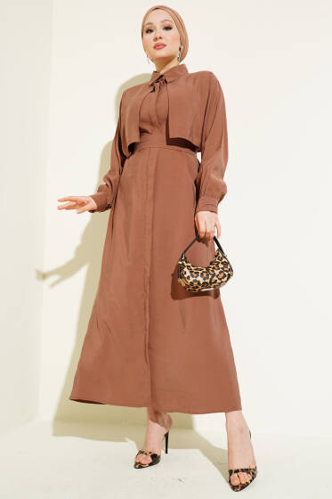 Göğüs Parçalı Kuşaklı Tencel Elbise Kahve - Elbise