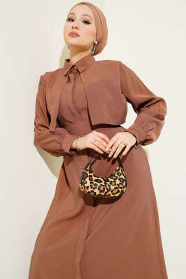 Göğüs Parçalı Kuşaklı Tencel Elbise Kahve - Tesettür Elbise