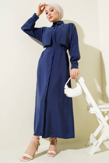 Göğüs Parçalı Kuşaklı Tencel Elbise Lacivert - Elbise