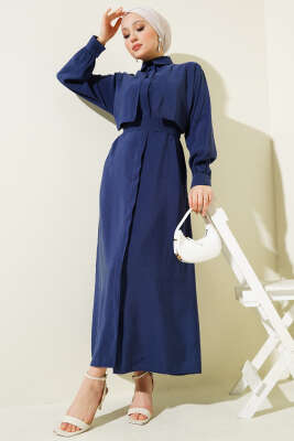 Göğüs Parçalı Kuşaklı Tencel Elbise Lacivert 