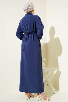 Göğüs Parçalı Kuşaklı Tencel Elbise Lacivert - Tesettür Elbise