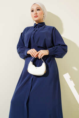 Göğüs Parçalı Kuşaklı Tencel Elbise Lacivert - Tesettür Elbise