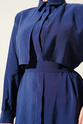 Göğüs Parçalı Kuşaklı Tencel Elbise Lacivert - Tesettür Elbise