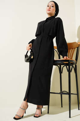 Göğüs Parçalı Kuşaklı Tencel Elbise Siyah 