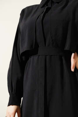 Göğüs Parçalı Kuşaklı Tencel Elbise Siyah - Tesettür Elbise