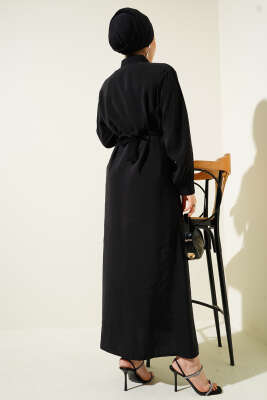 Göğüs Parçalı Kuşaklı Tencel Elbise Siyah - Tesettür Elbise