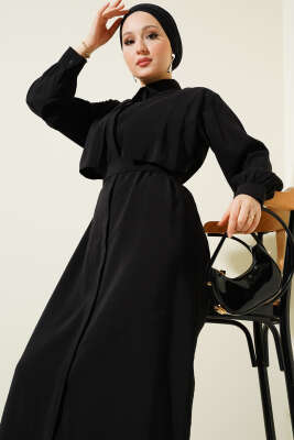 Göğüs Parçalı Kuşaklı Tencel Elbise Siyah - Tesettür Elbise