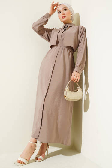Göğüs Parçalı Kuşaklı Tencel Elbise Vizon - Elbise