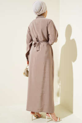 Göğüs Parçalı Kuşaklı Tencel Elbise Vizon - Tesettür Elbise