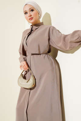 Göğüs Parçalı Kuşaklı Tencel Elbise Vizon - Tesettür Elbise
