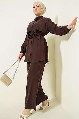 Göğüs Pelerin Kuşaklı Tensel İkili Takım Acı Kahve - NEVA MODA