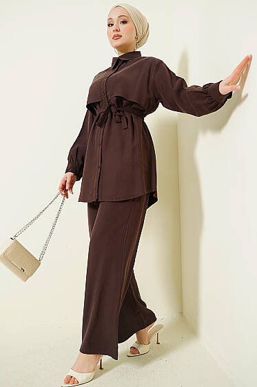 Göğüs Pelerin Kuşaklı Tensel İkili Takım Acı Kahve - İkili Takım