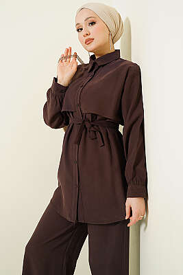 Göğüs Pelerin Kuşaklı Tensel İkili Takım Acı Kahve - İkili Takım