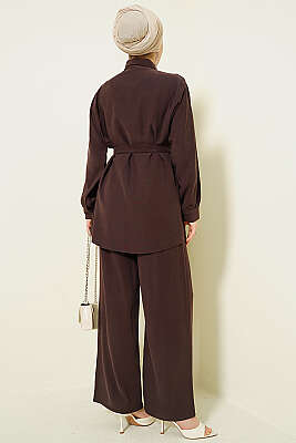 Göğüs Pelerin Kuşaklı Tensel İkili Takım Acı Kahve - İkili Takım