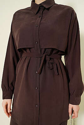 Göğüs Pelerin Kuşaklı Tensel İkili Takım Acı Kahve - İkili Takım