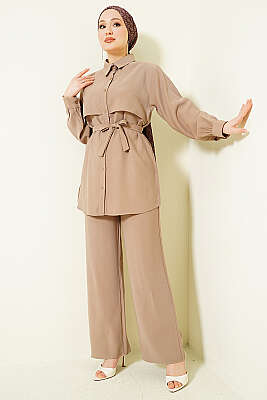 Göğüs Pelerin Kuşaklı Tensel İkili Takım Bej - NEVA MODA