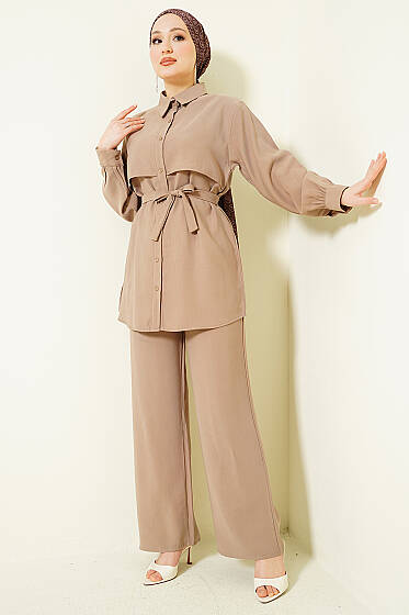Göğüs Pelerin Kuşaklı Tensel İkili Takım Bej - İkili Takım