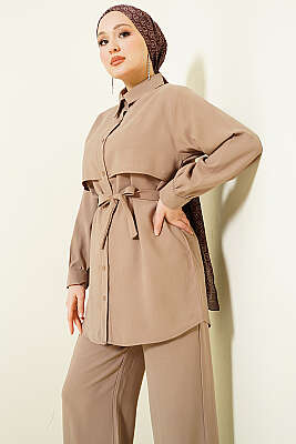 Göğüs Pelerin Kuşaklı Tensel İkili Takım Bej - İkili Takım