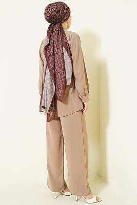 Göğüs Pelerin Kuşaklı Tensel İkili Takım Bej - İkili Takım