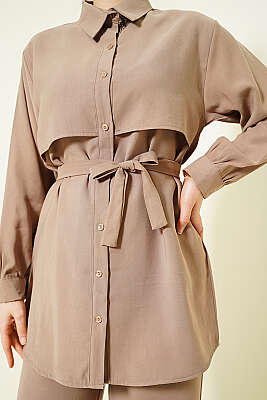 Göğüs Pelerin Kuşaklı Tensel İkili Takım Bej - İkili Takım