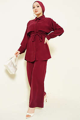 Göğüs Pelerin Kuşaklı Tensel İkili Takım Bordo 