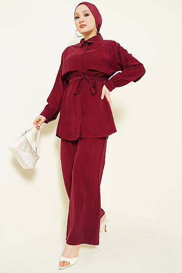 Göğüs Pelerin Kuşaklı Tensel İkili Takım Bordo - İkili Takım