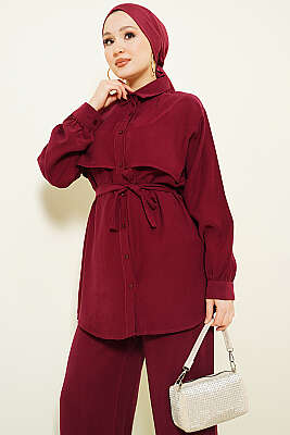 Göğüs Pelerin Kuşaklı Tensel İkili Takım Bordo - İkili Takım