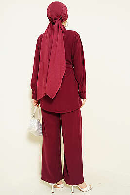 Göğüs Pelerin Kuşaklı Tensel İkili Takım Bordo - İkili Takım