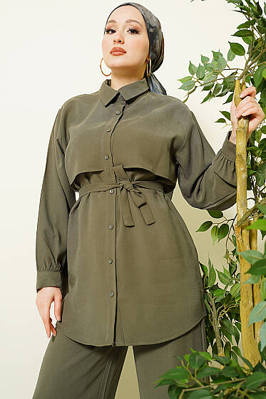 Göğüs Pelerin Kuşaklı Tensel İkili Takım Haki - İkili Takım